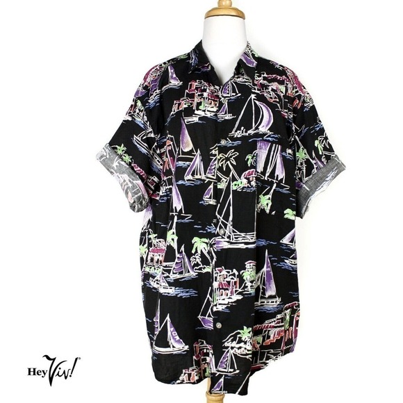 Newport Blue Other - Vintage Newport Blue Hawaiian Shirt Tropical Sail Boat Print Black XL - Hey Viv
